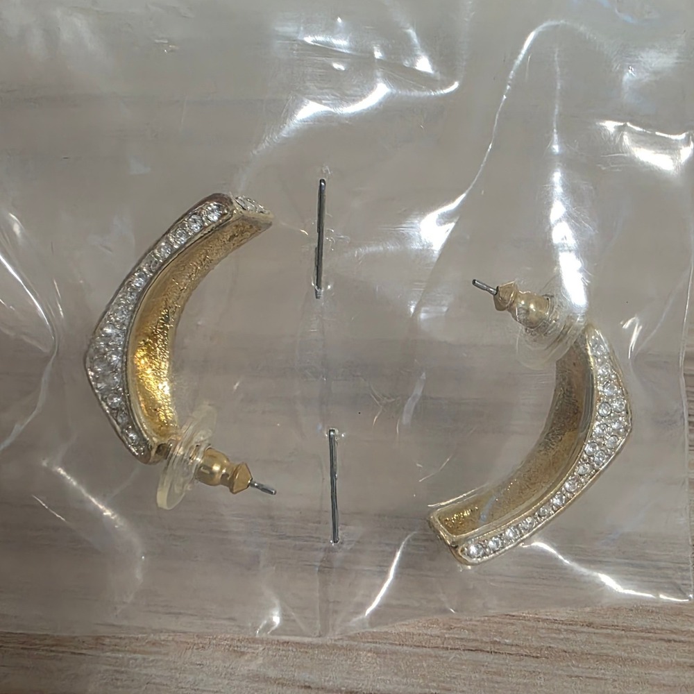 Vintage 80s Gold Tone Pave Rhinestone Crescent Hoop Earrings Post Backs